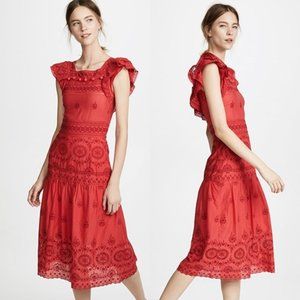 Sea New York Embroidered Midi Dress SZ 2 Red Eyelet Detail Flutter Sleeve